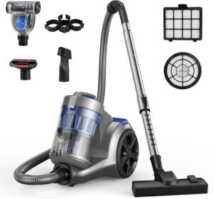 Aspiron 1700W Canister Vacuum Cleaner, 45Kpa Bagless Vacuum Cleaner, Multi-Cyclonic Filtration, 2 Anti-Allergen HEPA Filters, 3.5QT Dust Cup, 4 Tools, Corded Vacuum for Hard Floor, Pet Hair, Azure
